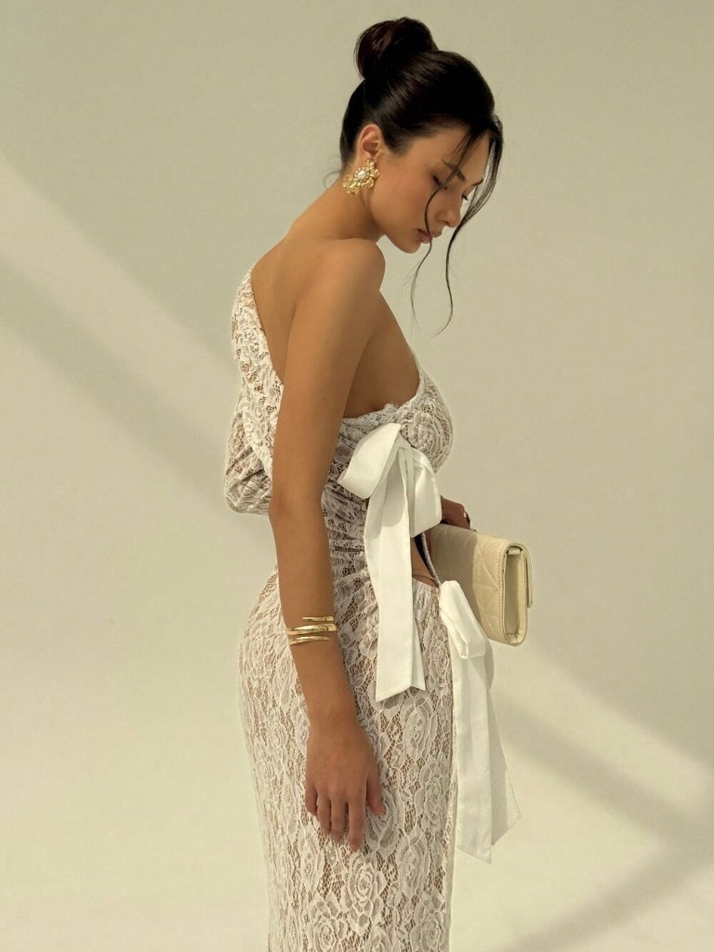 White Sexy Women's Romantic Lace  Asymmetric Shoulder Long Sleeve Maxi Dress - Picture 4 of 7